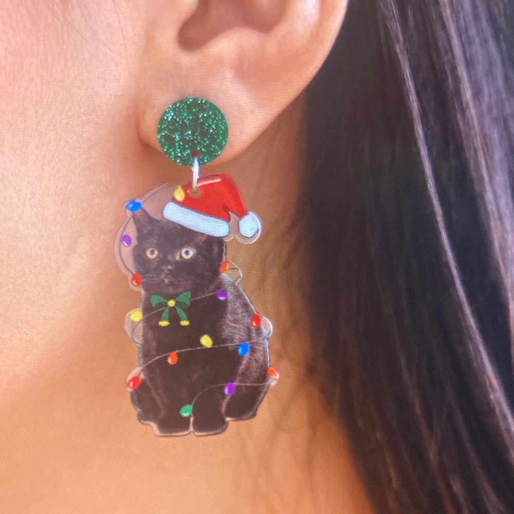 Festive Cat Earrings with Green Glitter